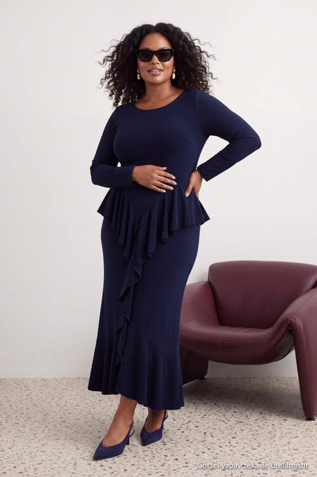 Trendyol Curve Dam Mörkblå Enfärgad Maxi Lång Bodycon Plus size Klänning - Image 6