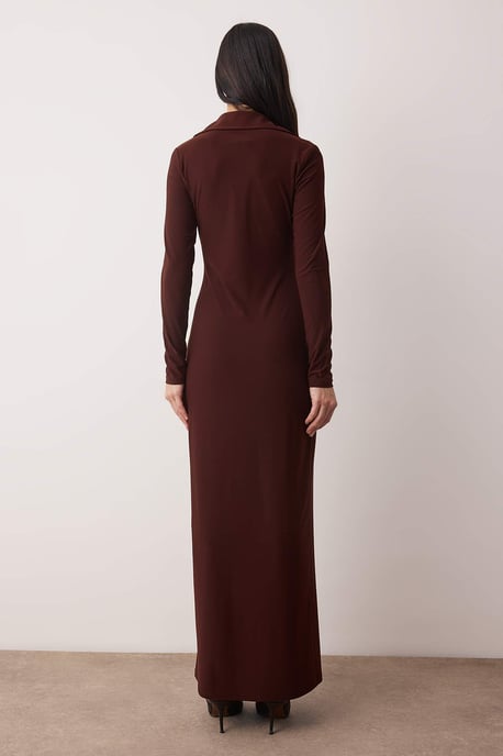TRENDYOLMİLLA Women's Brown Plain Maxi Long Casual Bodycon Dresses - Image 3