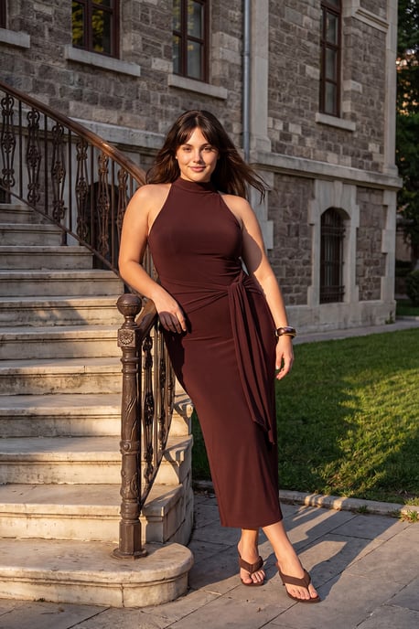 Trendyol Curve Dam Brun Enfärgad Maxi Ärmlös Casual Bodycon Plus size Klänning - Image 1