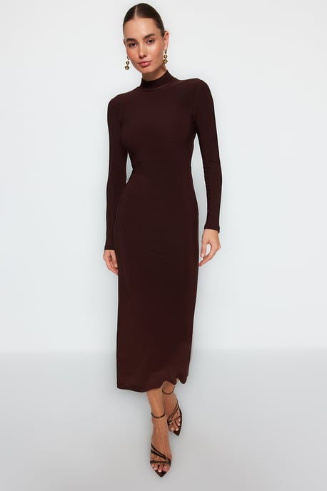 TRENDYOLMİLLA Dames Bruin Effen Maxi Lang Avond / Dagelijks Bodycon Jurken - Image 1