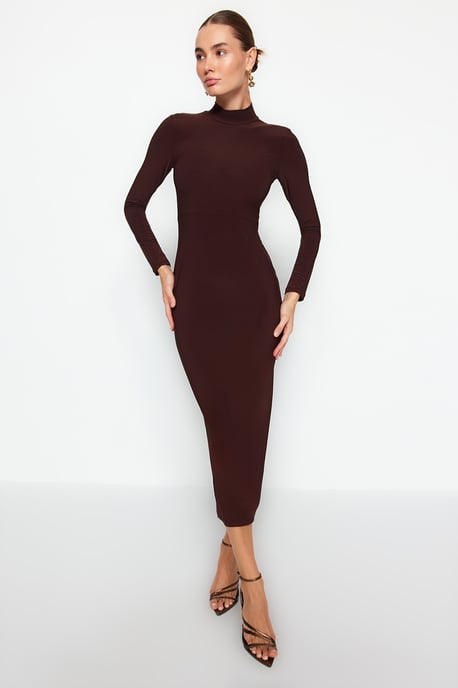 TRENDYOLMİLLA Dames Bruin Effen Maxi Lang Avond / Dagelijks Bodycon Jurken - Image 2