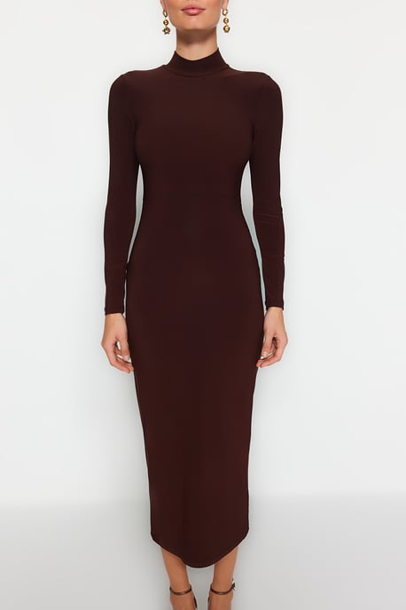 TRENDYOLMİLLA Dames Bruin Effen Maxi Lang Avond / Dagelijks Bodycon Jurken - Image 3