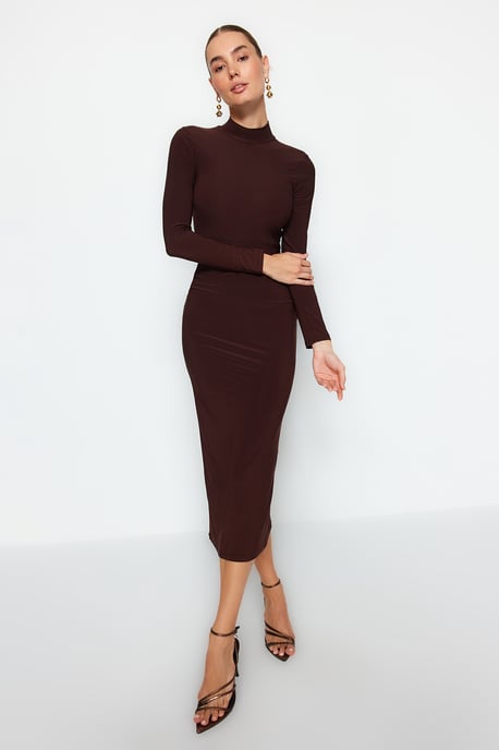 TRENDYOLMİLLA Dames Bruin Effen Maxi Lang Avond / Dagelijks Bodycon Jurken - Image 6