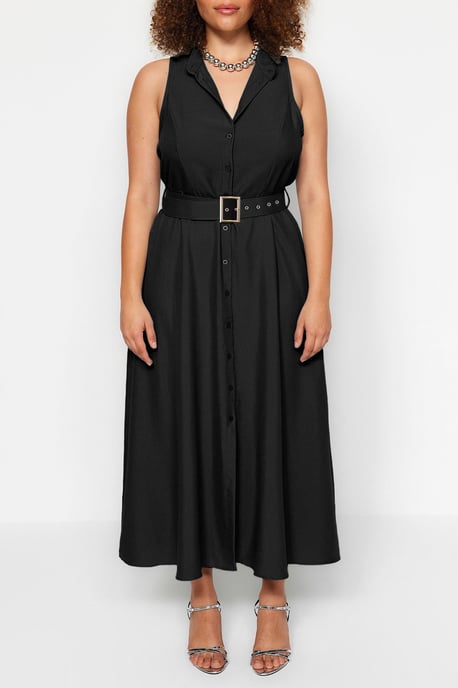 Trendyol Curve Dam Svart Enfärgad Maxi Ärmlös Casual Skjortklänning Plus size Klänning - Image 2