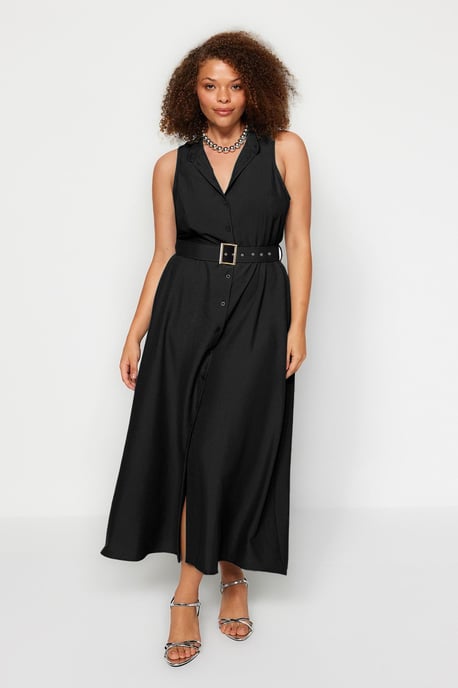 Trendyol Curve Dam Svart Enfärgad Maxi Ärmlös Casual Skjortklänning Plus size Klänning - Image 6