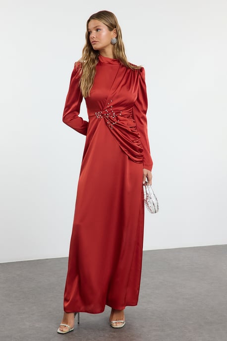 Trendyol Modest Women's Red Plain Maxi Long Stylish/Night Shift Modest Evening Dresses - Image 1