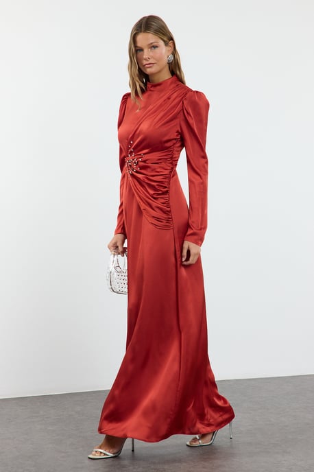 Trendyol Modest Women's Red Plain Maxi Long Stylish/Night Shift Modest Evening Dresses - Image 5