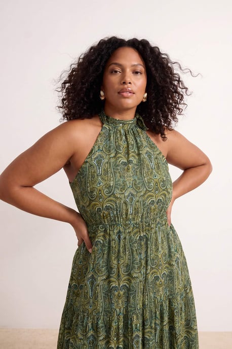 Trendyol Curve Dam Grön Paisley Maxi Ärmlös Casual A-linje Plus size Klänning - Image 2