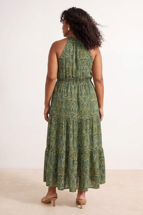 Trendyol Curve Dam Grön Paisley Maxi Ärmlös Casual A-linje Plus size Klänning - Image 3