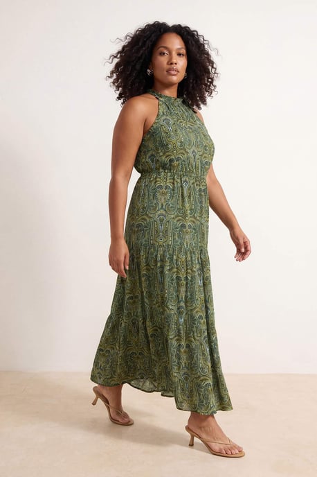 Trendyol Curve Dam Grön Paisley Maxi Ärmlös Casual A-linje Plus size Klänning - Image 6