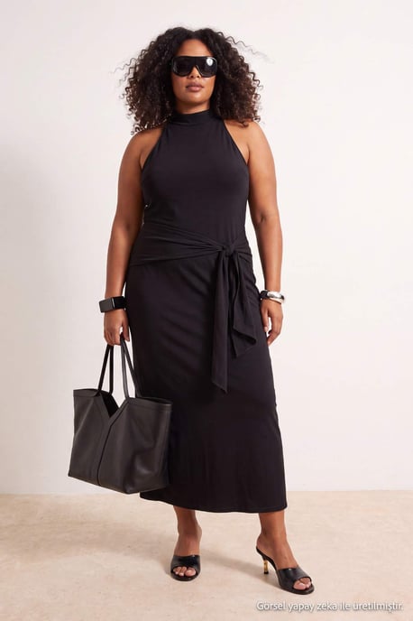 Trendyol Curve Dam Svart Enfärgad Maxi Ärmlös Casual Bodycon Plus size Klänning - Image 6
