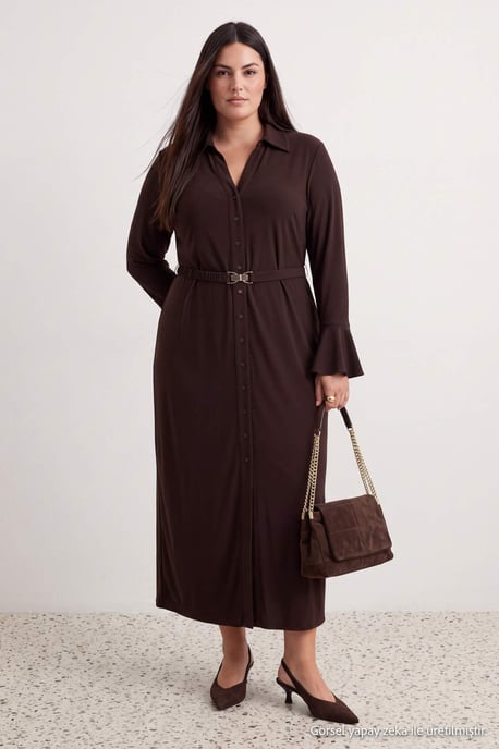 Trendyol Curve Dam Brun Enfärgad Maxi Lång Rak Plus size Klänning - Image 3