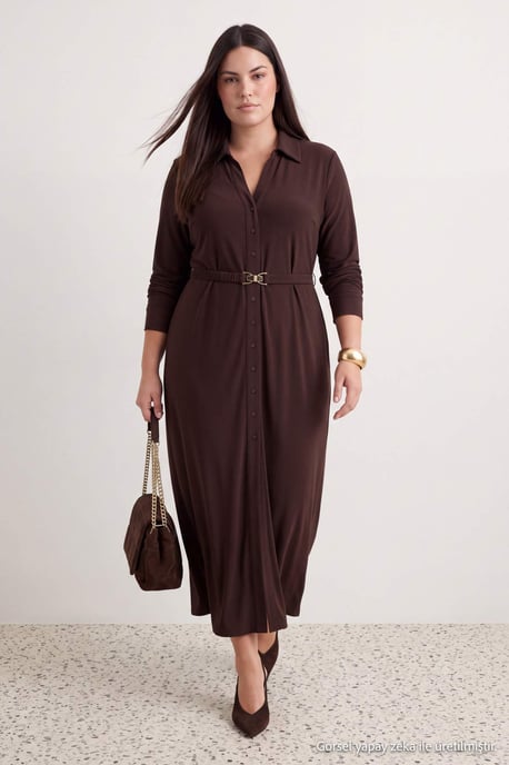 Trendyol Curve Dam Brun Enfärgad Maxi Lång Rak Plus size Klänning - Image 6