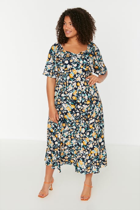 Trendyol Curve Dam Mörkblå Blommig Maxi Trekvartsärm Casual A-linje Plus size Klänning - Image 2