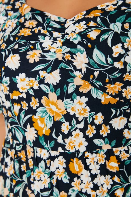 Trendyol Curve Dam Mörkblå Blommig Maxi Trekvartsärm Casual A-linje Plus size Klänning - Image 3