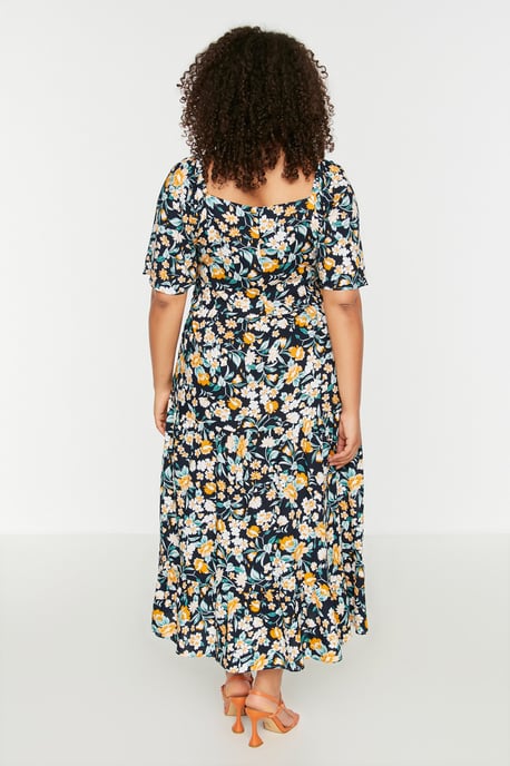 Trendyol Curve Dam Mörkblå Blommig Maxi Trekvartsärm Casual A-linje Plus size Klänning - Image 4