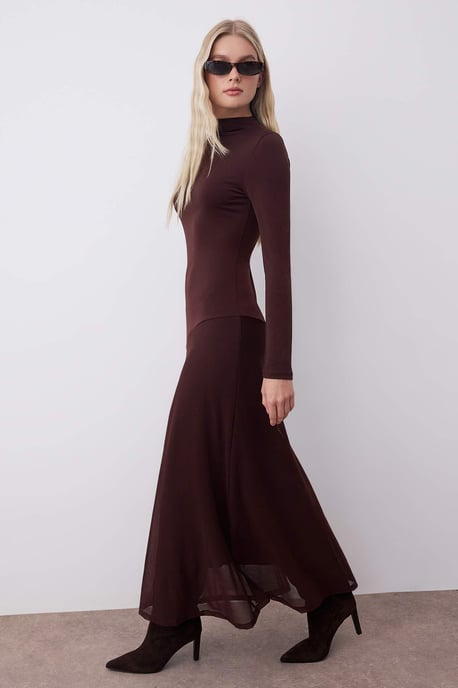 TRENDYOLMİLLA Women's Brown Plain Maxi Long Evening / Daily A-line Dresses - Image 4