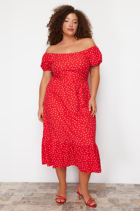 Trendyol Curve Dam Röd Blommig Maxi Kort Elegant/Kväll A-linje Plus size Klänning - Image 1
