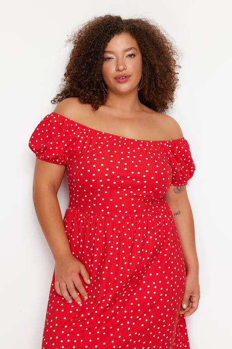 Trendyol Curve Dam Röd Blommig Maxi Kort Elegant/Kväll A-linje Plus size Klänning - Image 2