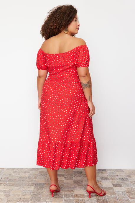 Trendyol Curve Dam Röd Blommig Maxi Kort Elegant/Kväll A-linje Plus size Klänning - Image 5