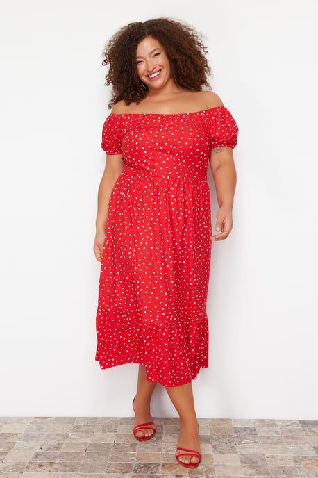 Trendyol Curve Dam Röd Blommig Maxi Kort Elegant/Kväll A-linje Plus size Klänning - Image 6