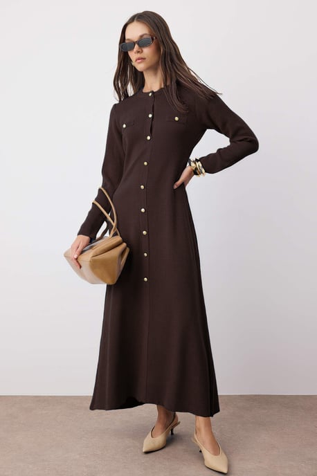 Trendyol Modest Dames Bruin Effen Maxi Lang Casual A-lijn Modest Jurken - Image 1