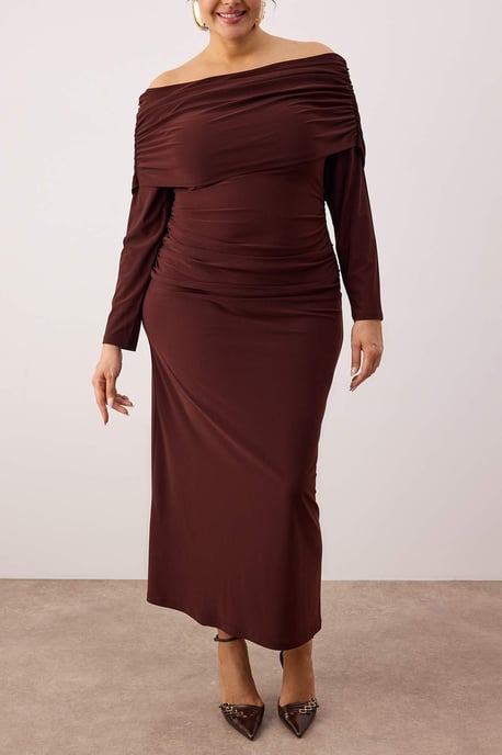 Trendyol Curve Dam Brun Enfärgad Maxi Lång Elegant/Kväll A-linje Plus size Klänning - Image 3