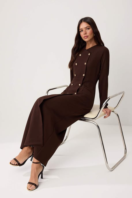 Trendyol Modest Dames Bruin Effen Maxi Lang Zakelijk Double-breasted Modest Jurken - Image 1