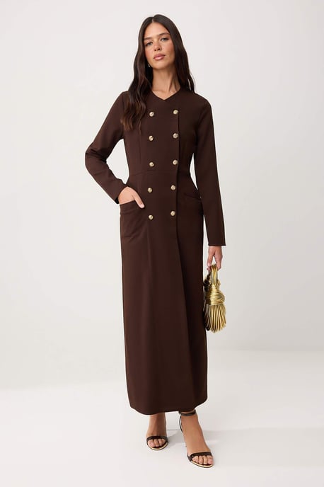 Trendyol Modest Dames Bruin Effen Maxi Lang Zakelijk Double-breasted Modest Jurken - Image 4