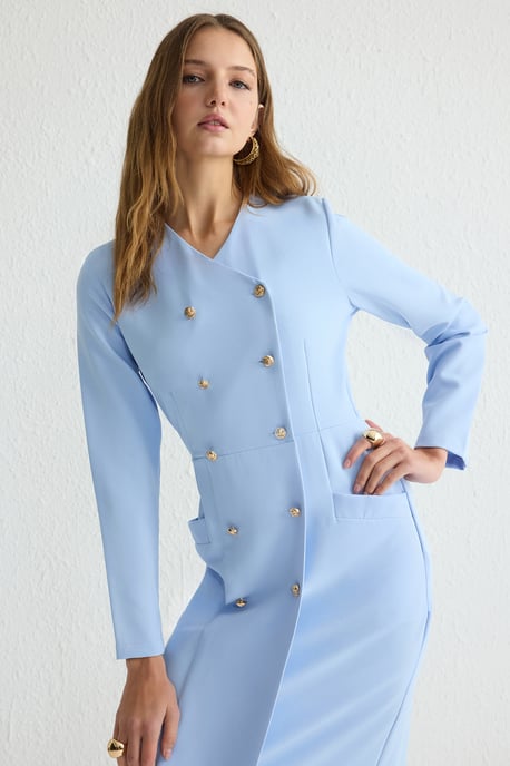 Trendyol Modest Dames Blauw Effen Maxi Lang Zakelijk Double-breasted Modest Jurken - Image 5