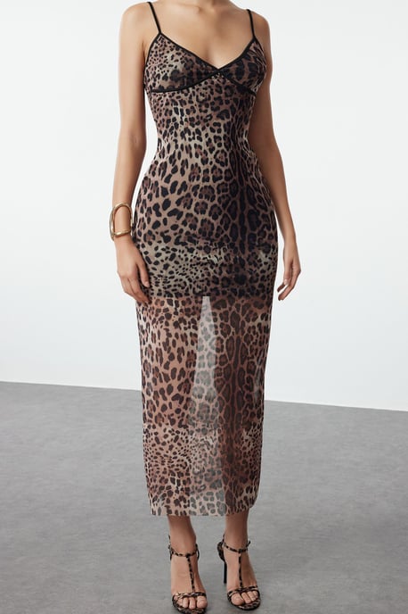 TRENDYOLMİLLA Dames Bruin Dierenprint Maxi Mouwloos Stijlvol/Avond Bodycon Jurken - Image 2