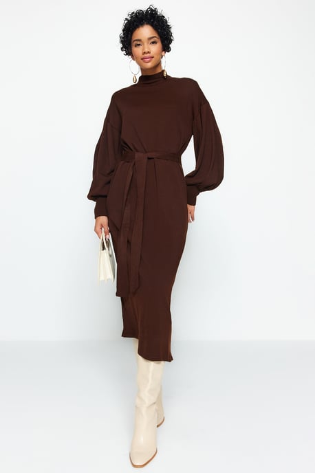 Trendyol Modest Dames Bruin Effen Maxi Lang Casual Recht Modest Jurken - Image 1