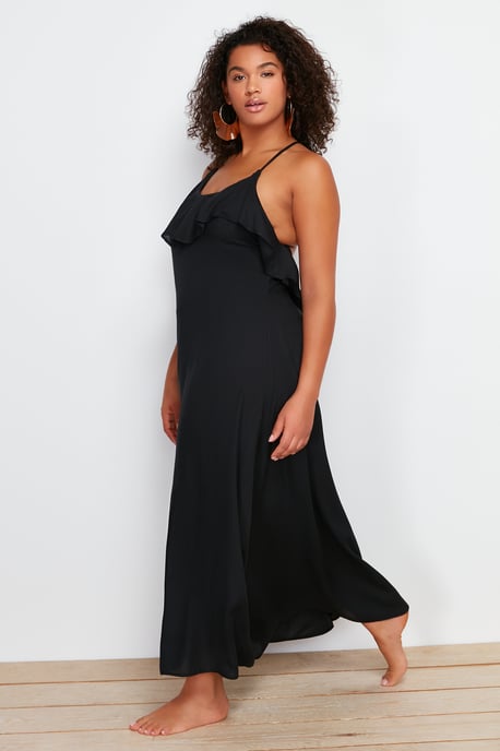 Trendyol Curve Dam Svart Enfärgad Maxi Ärmlös Strandkläder A-linje Plus size Klänning - Image 6