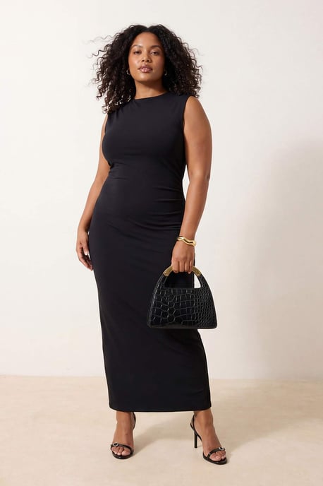 Trendyol Curve Dam Svart Enfärgad Maxi Ärmlös Casual Rak Plus size Klänning - Image 6