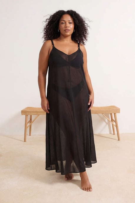 Trendyol Curve Dam Svart Enfärgad Maxi Ärmlös Strandkläder A-linje Plus size Klänning - Image 6