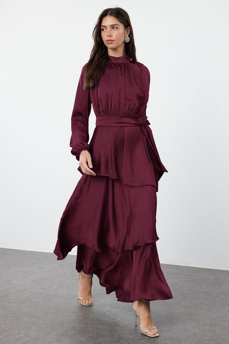 Trendyol Modest Dames Bruin Effen Maxi Lang Stijlvol/Avond Skater Modest Avond Jurken - Image 1