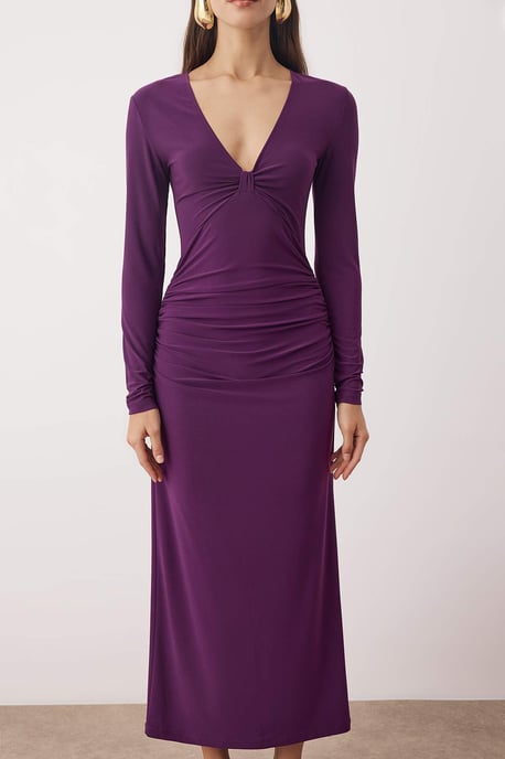 TRENDYOLMİLLA Women's Purple Plain Maxi Long Stylish/Night Bodycon Dresses - Image 2