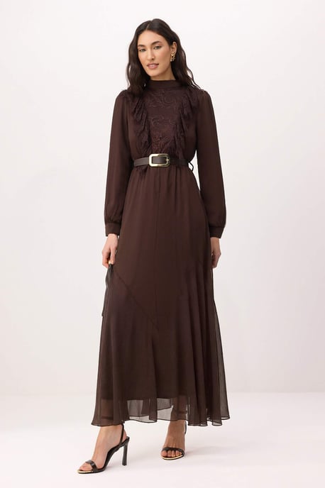 Trendyol Modest Dames Bruin Effen Maxi Lang Avond / Dagelijks Skater Modest Jurken - Image 1
