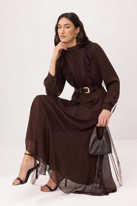 Trendyol Modest Dames Bruin Effen Maxi Lang Avond / Dagelijks Skater Modest Jurken - Image 4