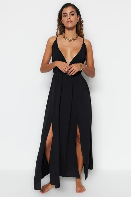 TRENDYOLMİLLA Dames Zwart Effen Maxi Mouwloos Strandkleding A-lijn Strandjurken - Image 2