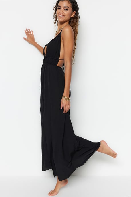 TRENDYOLMİLLA Dames Zwart Effen Maxi Mouwloos Strandkleding A-lijn Strandjurken - Image 6