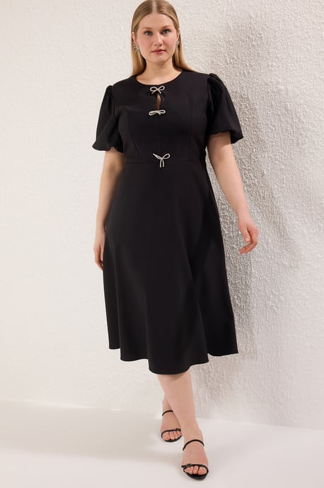 Trendyol Curve Dam Svart Enfärgad Midi Kort Elegant/Kväll Skater Plus size Klänning - Image 2