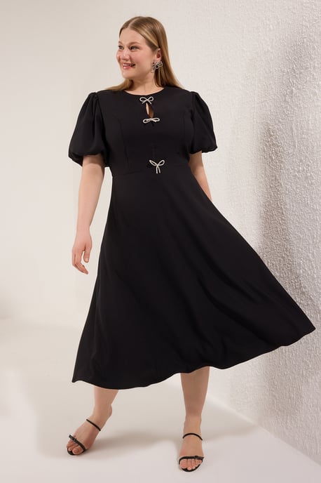 Trendyol Curve Dam Svart Enfärgad Midi Kort Elegant/Kväll Skater Plus size Klänning - Image 6