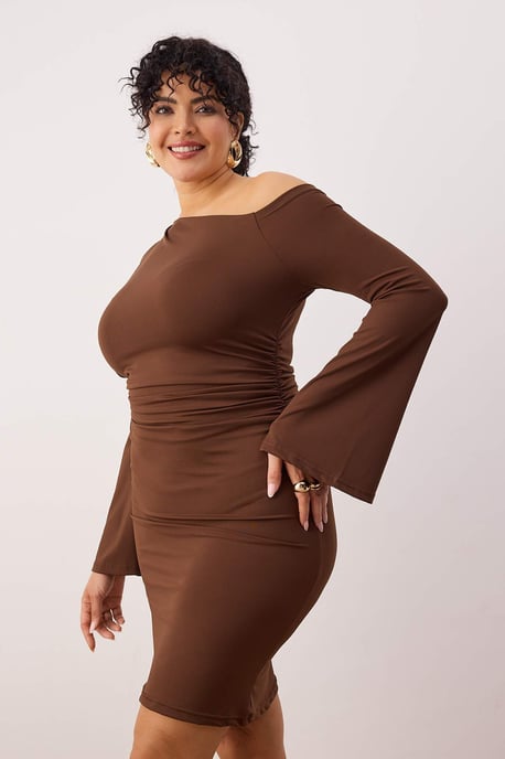 Trendyol Curve Dam Brun Enfärgad Midi Lång Casual Rak Plus size Klänning - Image 6