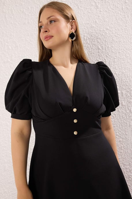 Trendyol Curve Dam Svart Enfärgad Midi Kort Cocktail A-linje Plus size Klänning - Image 2