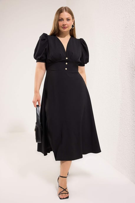 Trendyol Curve Dam Svart Enfärgad Midi Kort Cocktail A-linje Plus size Klänning - Image 6