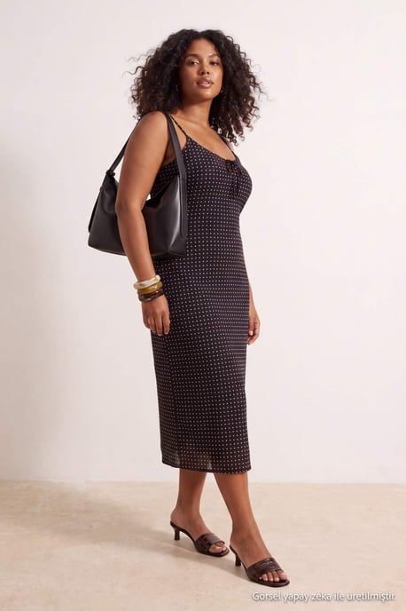 Trendyol Curve Dam Brun Rutig Midi Ärmlös Casual A-linje Plus size Klänning - Image 2