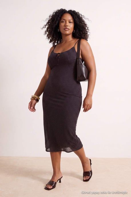 Trendyol Curve Dam Brun Rutig Midi Ärmlös Casual A-linje Plus size Klänning - Image 6