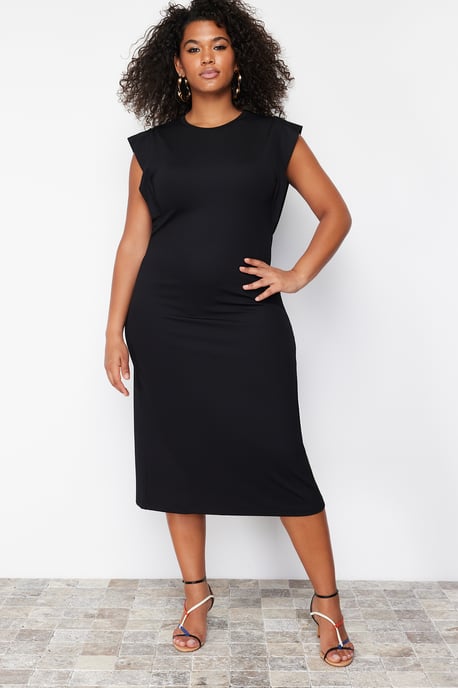 Trendyol Curve Dam Svart Enfärgad Midi Ärmlös Casual Rak Plus size Klänning - Image 6