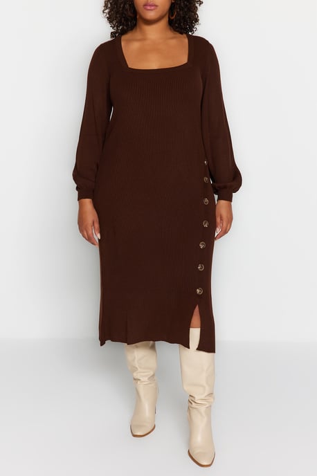 Trendyol Curve Dam Brun Enfärgad Midi Lång Casual Bodycon Plus size Klänning - Image 2